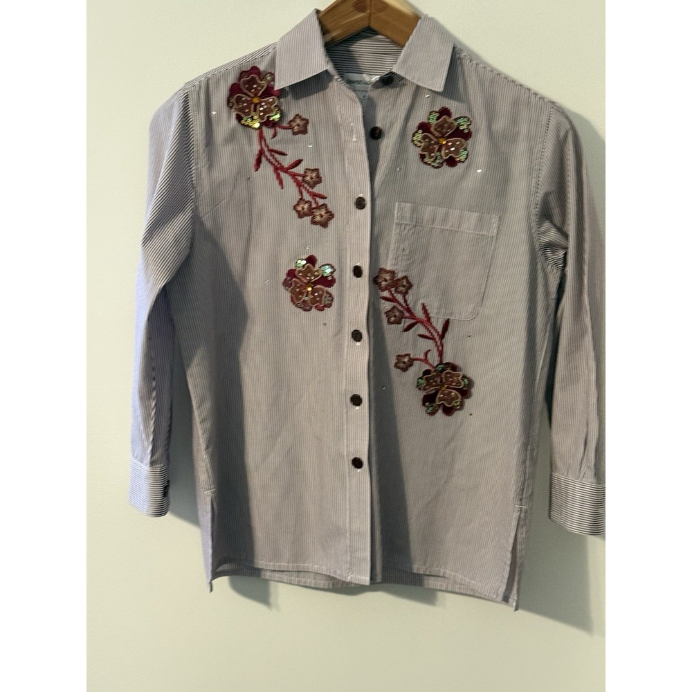 Draper's & Damon's Women's Striped Embroidered Shirt S 3/4‎ Sleeve Cottage